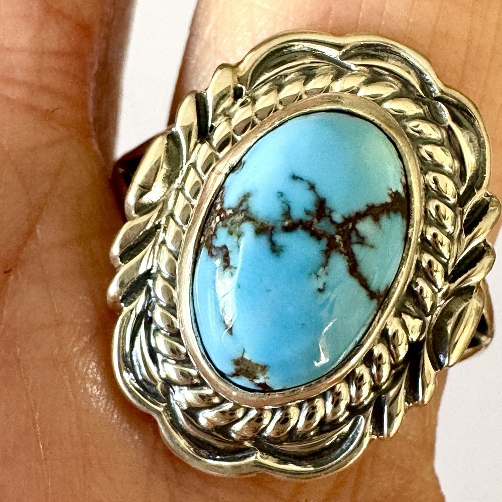 Navajo Blue Golden‎ Hills Turquoise Ring Sz 8 Signed V Chee Sterling Native Amer